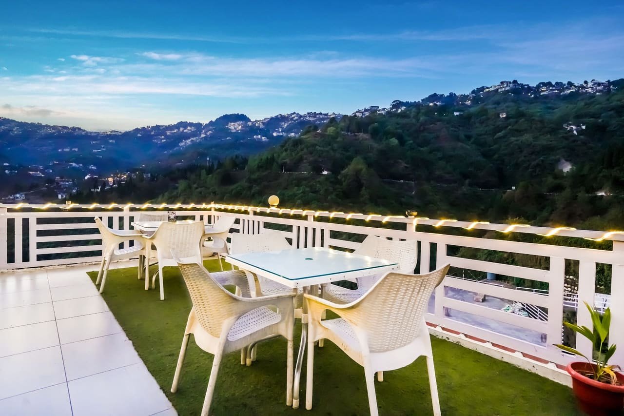 Open-air rooftop seating on a clear afternoon